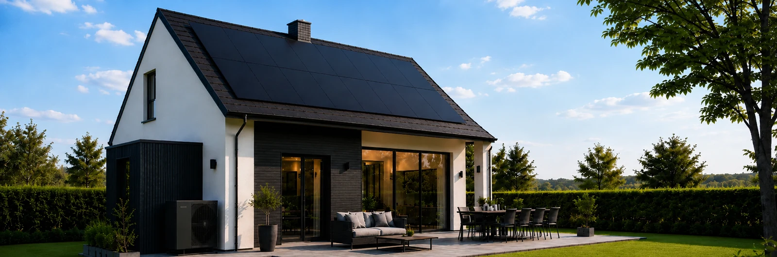 Moderne villa med sorte solceller og varmepumpe i grøn have