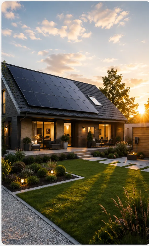 Moderne villa med solceller i solnedgang