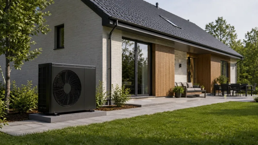 Sort varmepumpe ved en moderne villa